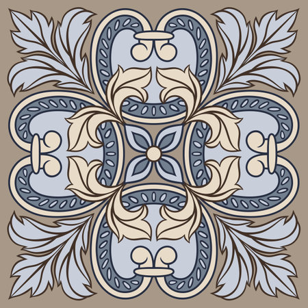 Portuguese azulejo ceramic tile pattern. Mediterranean traditional ornament. Italian pottery or spanish majolica. Baroque damask background with vintage scroll leaves.のイラスト素材