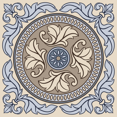 Portuguese azulejo ceramic tile pattern. Mediterranean traditional ornament. Italian pottery or spanish majolica. Baroque damask background with vintage scroll leaves.のイラスト素材