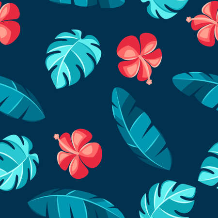 Seamless pattern with hibiscus flowers and palm leaves. Tropical floral decorative background.のイラスト素材