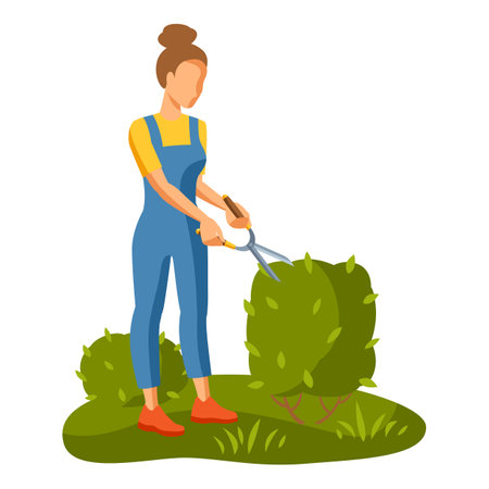 Illustration of young girl cuting bush. Season gardening image.のイラスト素材