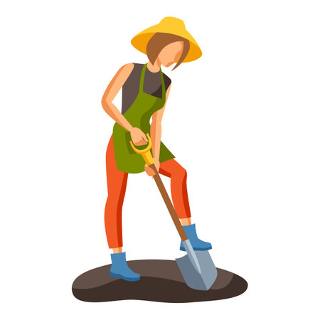 Illustration of young girl digging ground. Season gardening image.のイラスト素材