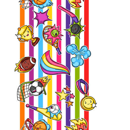 Seamless pattern with kawaii sport items. Cute funny characters. Illustration for competition and tournament.のイラスト素材