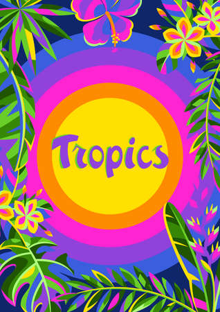 Background with tropical flowers and palm leaves. Summer exotic decorative illustration.のイラスト素材