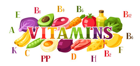 Vitamin food sources illustration. Healthy eating and healthcare concept.