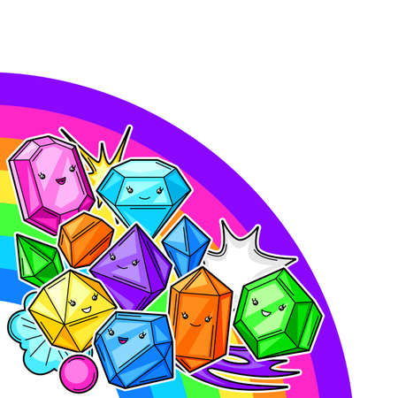 Background with cute kawaii crystals or gems. Jewel stones funny characters.のイラスト素材