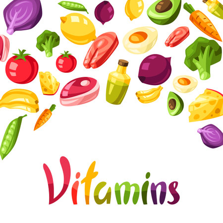 Vitamin food sources illustration. Healthy eating and healthcare concept.のイラスト素材