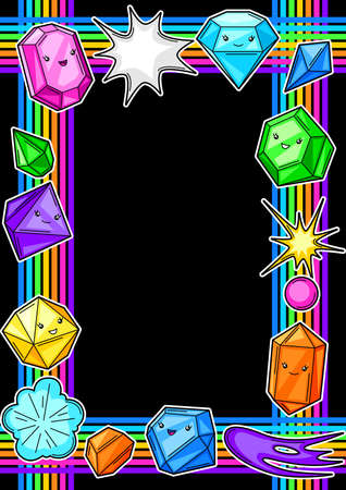 Frame with cute kawaii crystals or gems. Jewel stones funny characters.のイラスト素材
