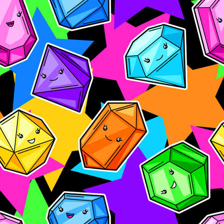 Seamless pattern with cute kawaii crystals or gems. Jewel stones funny characters.のイラスト素材