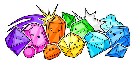 Background with cute kawaii crystals or gems. Jewel stones funny characters.のイラスト素材
