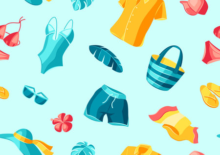 Seamless pattern with beachwear and swimwear. Summer clothes and accessories. Seasonal sale or...
