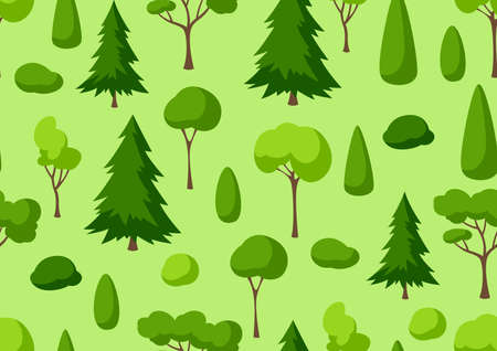 Seamless pattern with trees, spruces and bushes. Summer or spring landscape. Seasonal nature illustration.のイラスト素材
