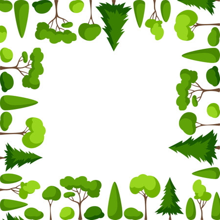 Background with trees, spruces and bushes. Summer or spring landscape. Seasonal nature illustration.のイラスト素材