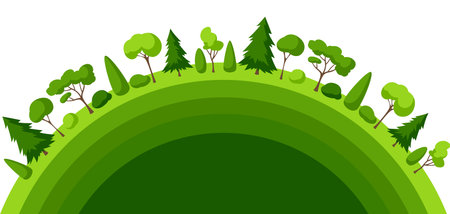 Background with trees, spruces and bushes. Summer or spring landscape. Seasonal nature illustration.のイラスト素材