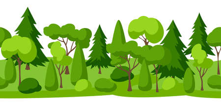 Seamless pattern with trees, spruces and bushes. Summer or spring landscape. Seasonal nature illustration.のイラスト素材