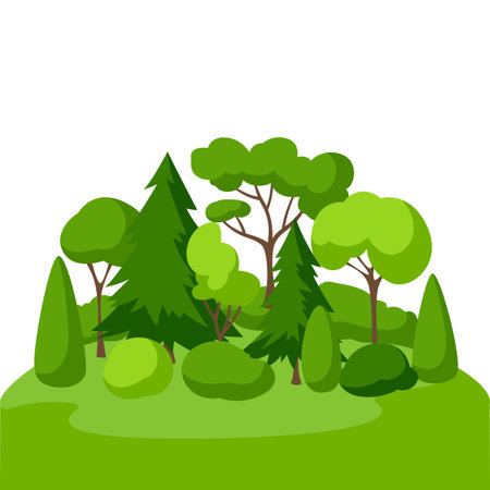 Background with trees, spruces and bushes. Summer or spring landscape. Seasonal nature illustration.のイラスト素材