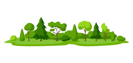 Background with trees, spruces and bushes. Summer or spring landscape. Seasonal nature illustration.のイラスト素材