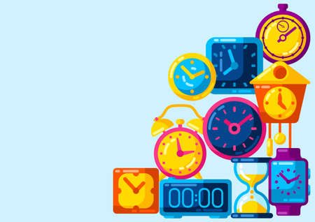 Background with different clocks. Stylized icons and objects for design and applications.のイラスト素材