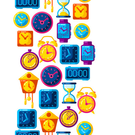 Seamless pattern with different clocks. Stylized icons and objects for design and applications.のイラスト素材