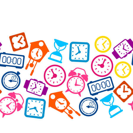 Seamless pattern with different clocks. Stylized icons and objects for design and applications.のイラスト素材