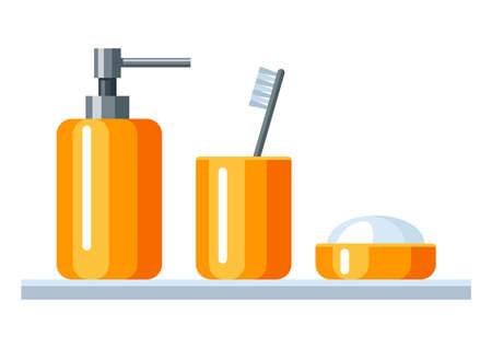 Illustration of soap and toothbrush in bathroom. Adversting icon or image for industry and shops.のイラスト素材