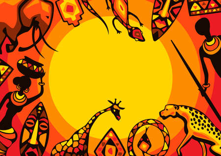 African ethnic background. People, animals and masks of Africa.のイラスト素材