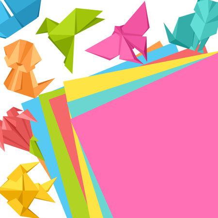 Background with origami toys. Folded colored paper objects.のイラスト素材
