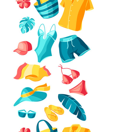 Seamless pattern with beachwear and swimwear. Summer clothes and accessories. Seasonal sale or...