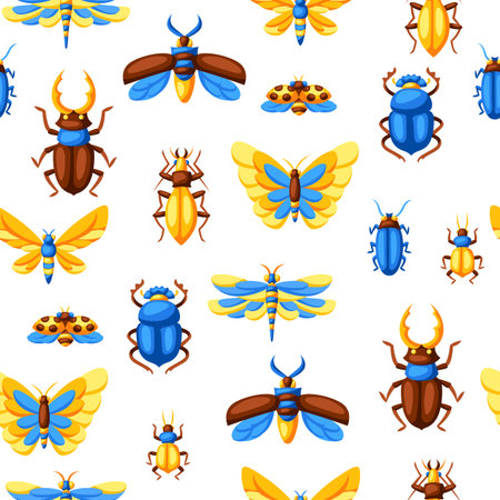 Seamless pattern with insects. Stylized decorative butterflies, beetles and dragonflies.のイラスト素材