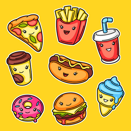 Set of cute kawaii fast food meal. Tasty funny characters of fastfood.のイラスト素材