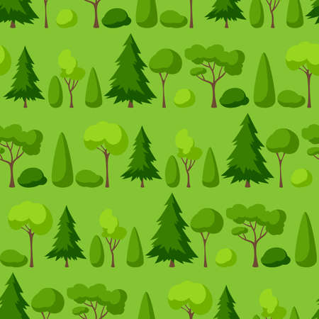 Seamless pattern with trees, spruces and bushes. Summer or spring landscape. Seasonal nature illustration.のイラスト素材