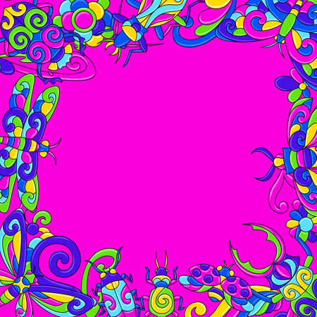 Decorative background with stylized bugs and insects. Mexican ceramic cute naive art. Ethnic decorative objects. Traditional folk floral ornament.のイラスト素材