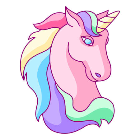 Fantasy pretty unicorn with colorful mane. Fairytale fun creature illustration.のイラスト素材