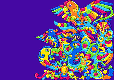 Decorative background with tropical birds. Mexican ceramic cute naive art. Ethnic decorative objects. Traditional folk floral ornament.のイラスト素材