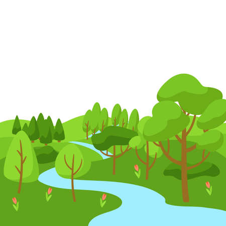 Spring landscape with forest, trees and bushes. Seasonal nature illustration.のイラスト素材