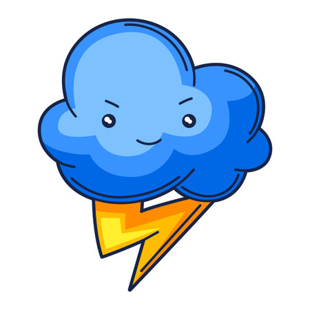 Illustration of cute kawaii cloud with lightning. Funny seasonal child illustration. Cartoon...