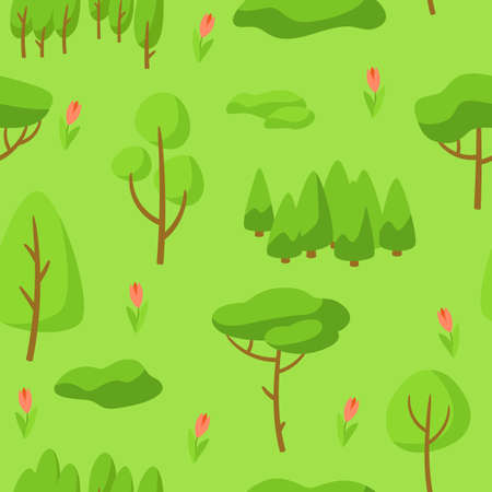 Spring seamless pettern with forest, trees and bushes. Seasonal nature illustration.のイラスト素材