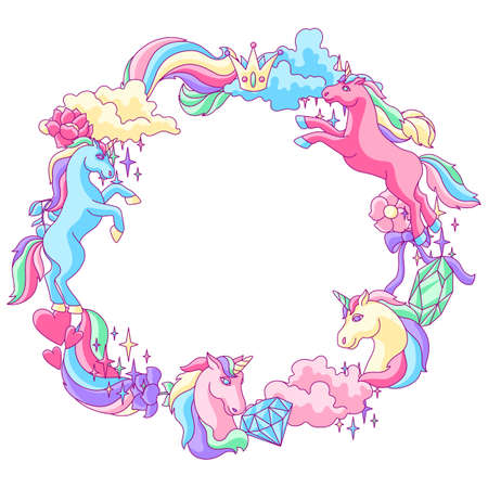 Decorative frame with unicorn and fantasy items. Fairytale cartoon children illustration.のイラスト素材