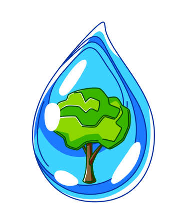 Illustration of water drop and green tree. Ecology concept or image for environment protection.のイラスト素材