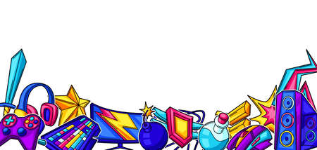 Background with gaming items. Cyber sports, computer games, fun recreation. Teenage creative illustration. Trendy symbols in modern cartoon style.のイラスト素材