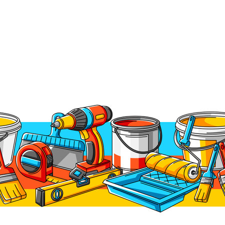 Seamless pattern with repair working tools. Equipment for construction industry and business.のイラスト素材