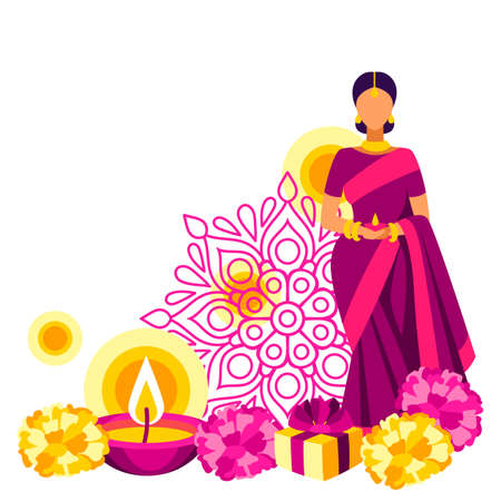Happy Diwali greeting card. Deepavali or dipavali festival of lights. Indian Holiday background with traditional symbols.のイラスト素材