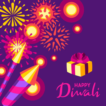 Happy Diwali greeting card. Deepavali or dipavali festival of lights. Indian Holiday background with traditional symbols.のイラスト素材