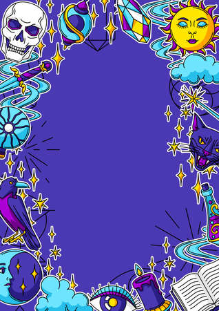 Magic frame with mystery items. Mystic, alchemy, spirituality symbols. Cartoon magical design.のイラスト素材