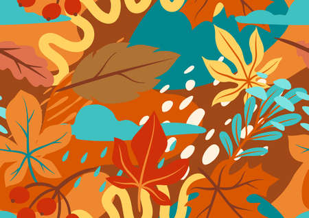Seamless floral pattern with autumn foliage. Background of falling abstract leaves.のイラスト素材
