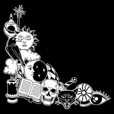 Magic background with mystery items. Mystic, alchemy, spirituality symbols. Cartoon magical design.のイラスト素材