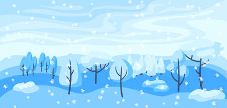 Winter landscape with forest, trees and bushes. Seasonal nature illustration.のイラスト素材