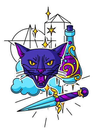 Magic print with mystery items. Mystic, alchemy, spirituality symbols. Cartoon magical background.のイラスト素材