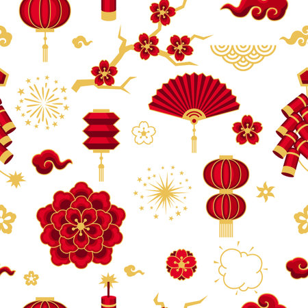 Happy Chinese New Year ceamless pattern. Background with oriental symbols. Asian tradition elements.