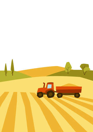 Illustration of harvested agricultural field. Autumn landscape with trees and hills. Seasonal nature background.のイラスト素材