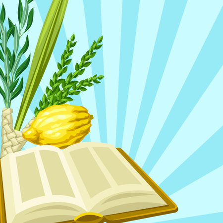 Happy Sukkot greeting card. Holiday background with Jewish festival traditional symbols. Four species etrog, lulav, willow and myrtle branches.のイラスト素材